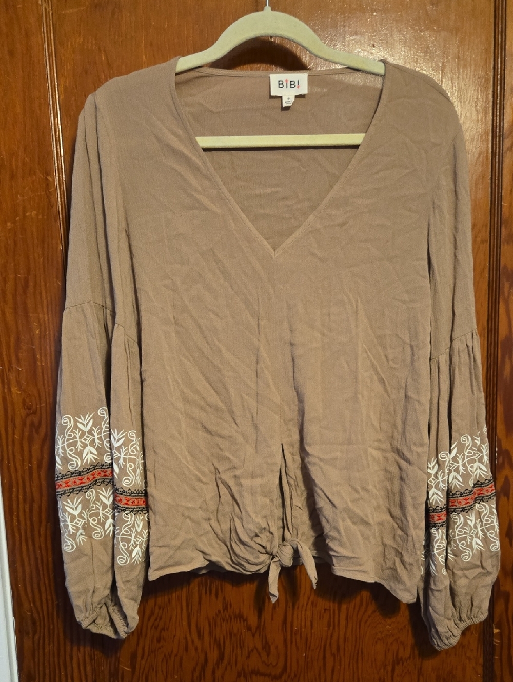BiBi Taupe V-Neck Tie-Front Top with Embroidered Sleeves